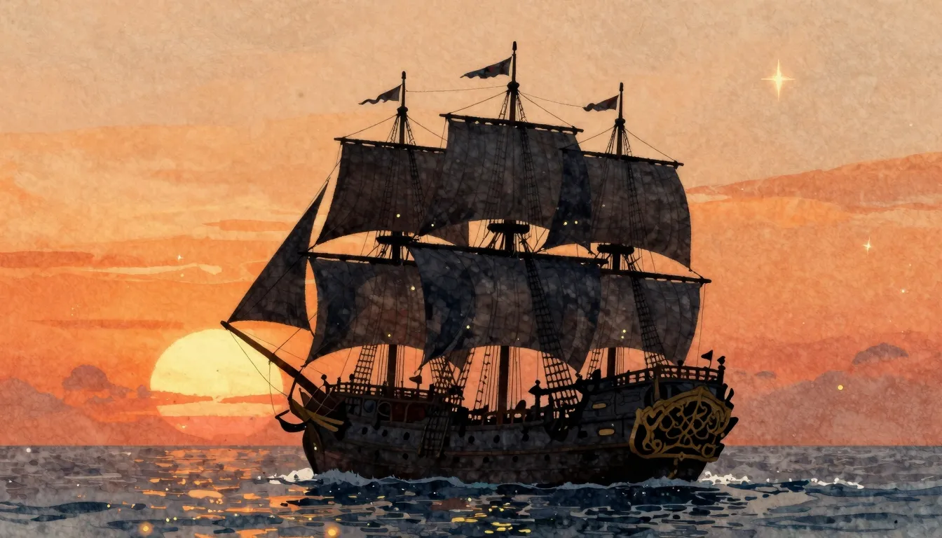 Watercolor style. Silhouette of a majestic pirate ship with ...