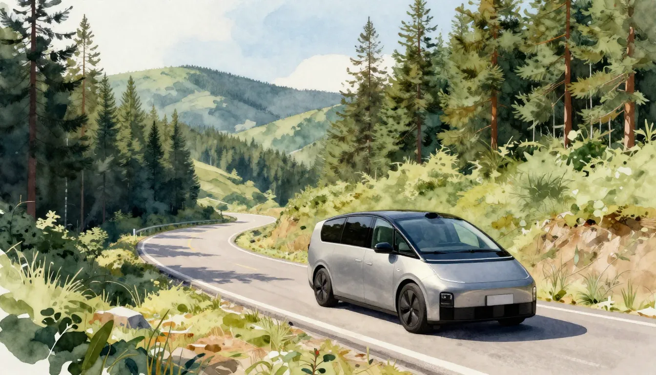 Watercolor style. A modern silver minivan driving on a sceni...