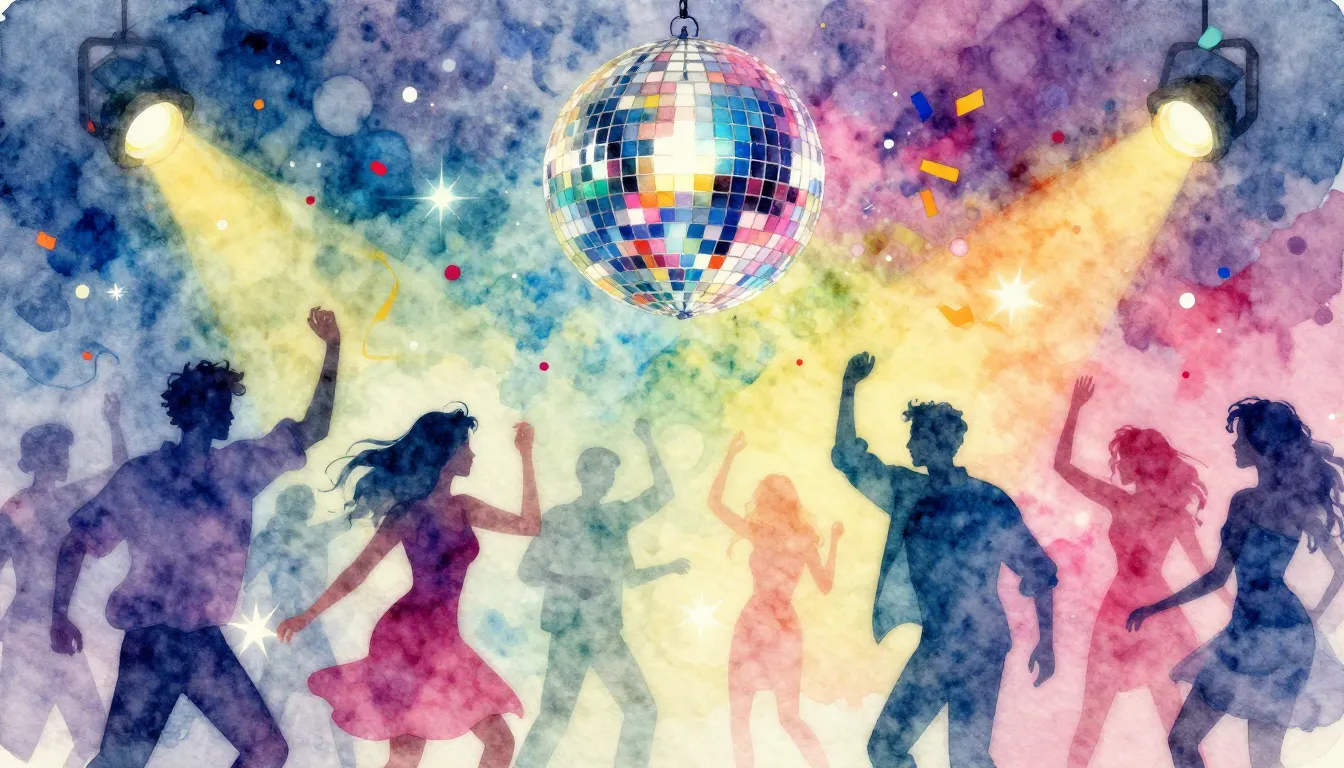 Vibrant watercolor style. 90s disco party, vibrant colors, d...