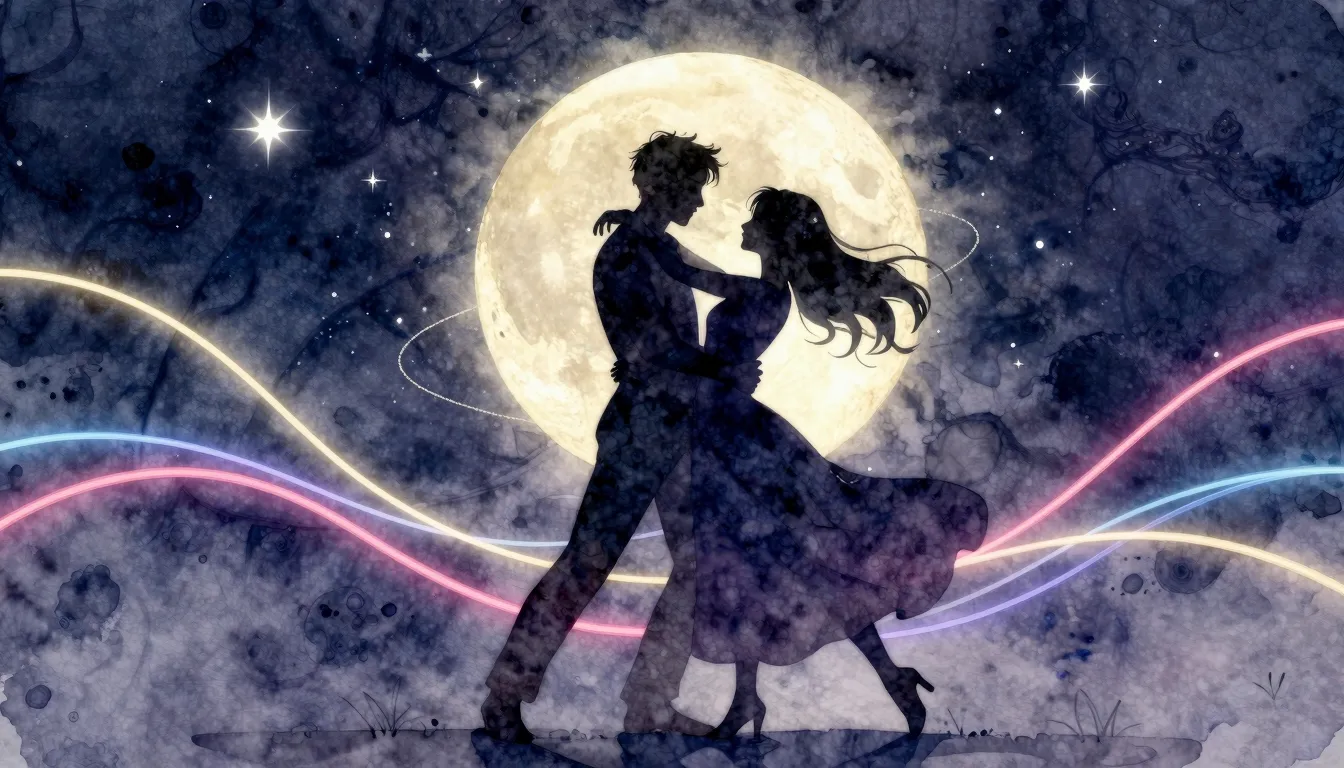 Watercolor style. Silhouette of a dancing couple under a glo...