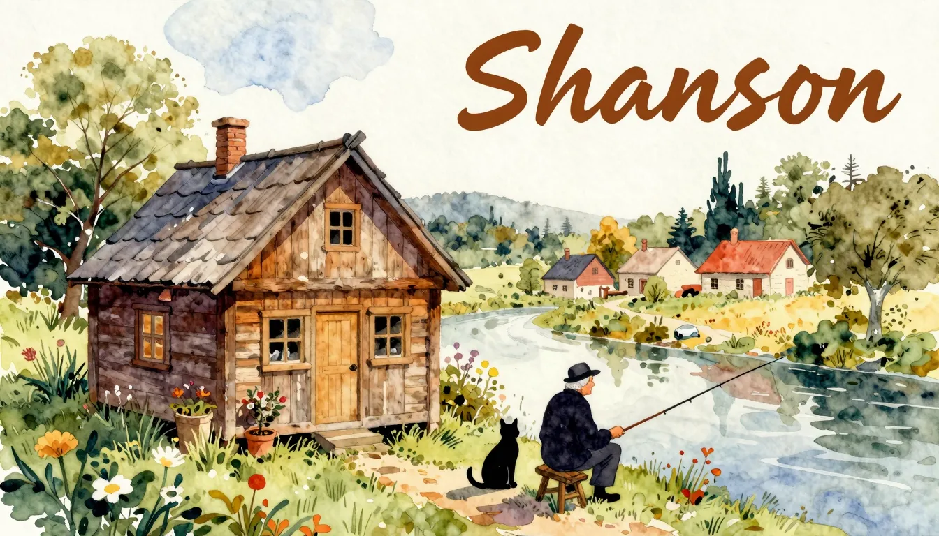 Vibrant watercolor style. Shanson album cover. A cozy wooden...