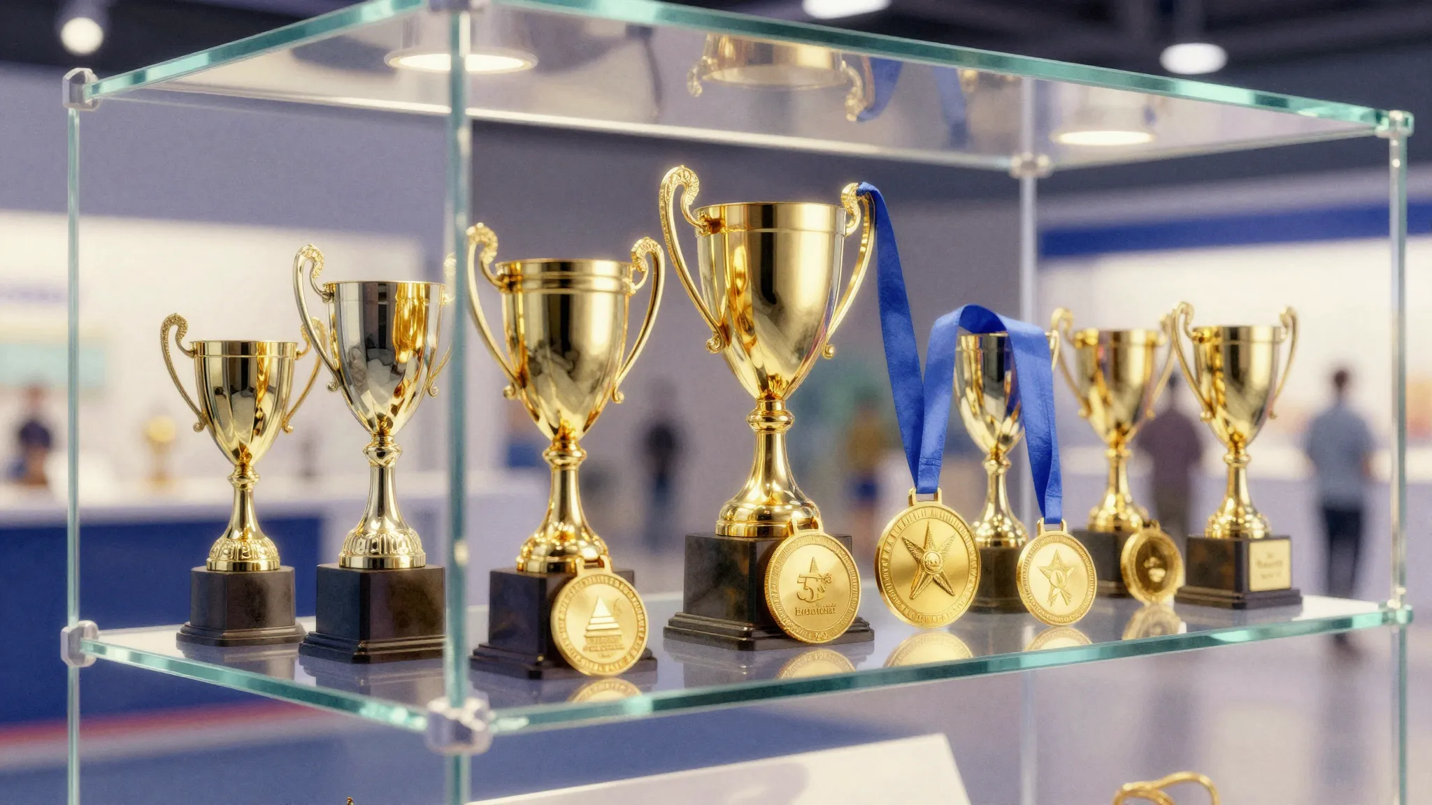 Watercolor style. A modern glass display shelf filled with s...