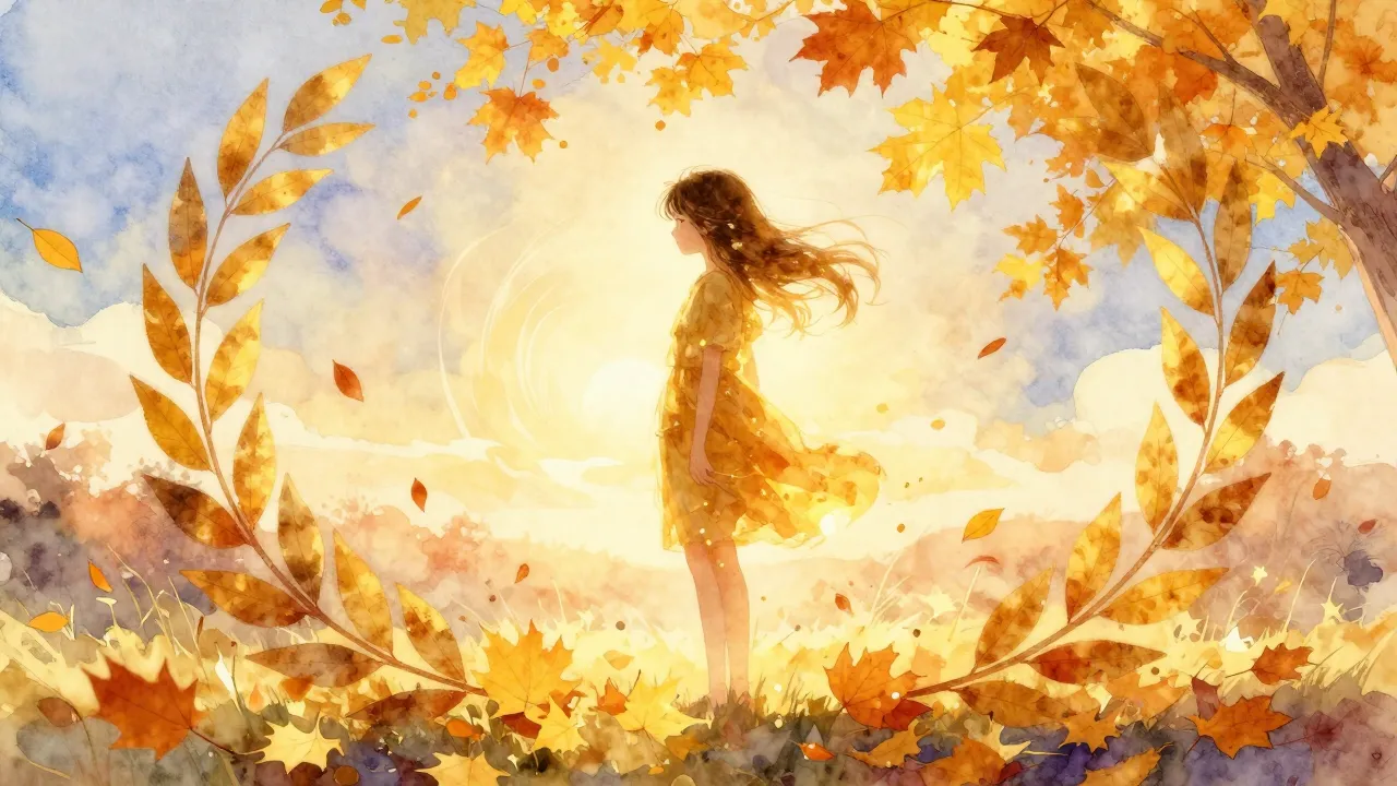 Vibrant watercolor style. Golden autumn leaves swirling arou...