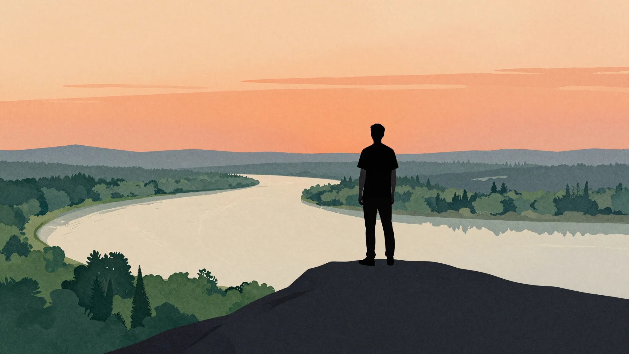 Watercolor style. Silhouette of a person standing on a high ...