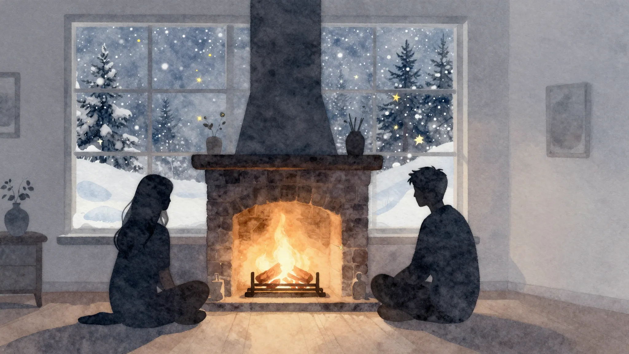 Watercolor style. A silhouette of two figures sitting by a g...