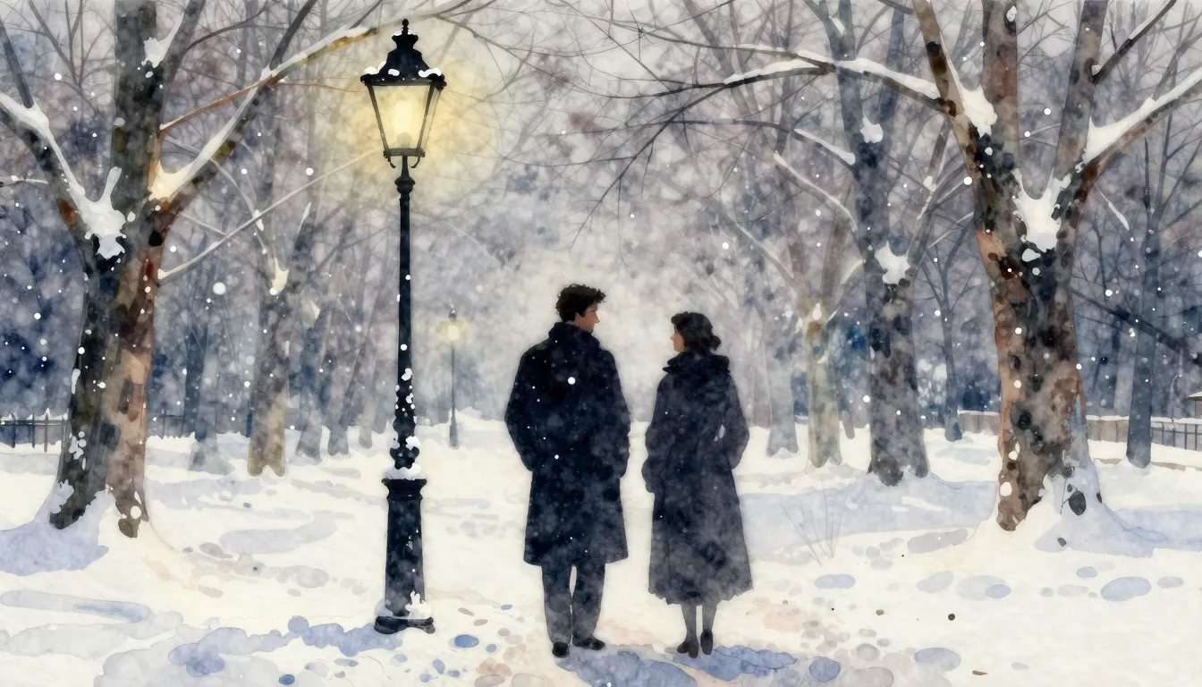Watercolor style. A silhouette of two figures standing close...