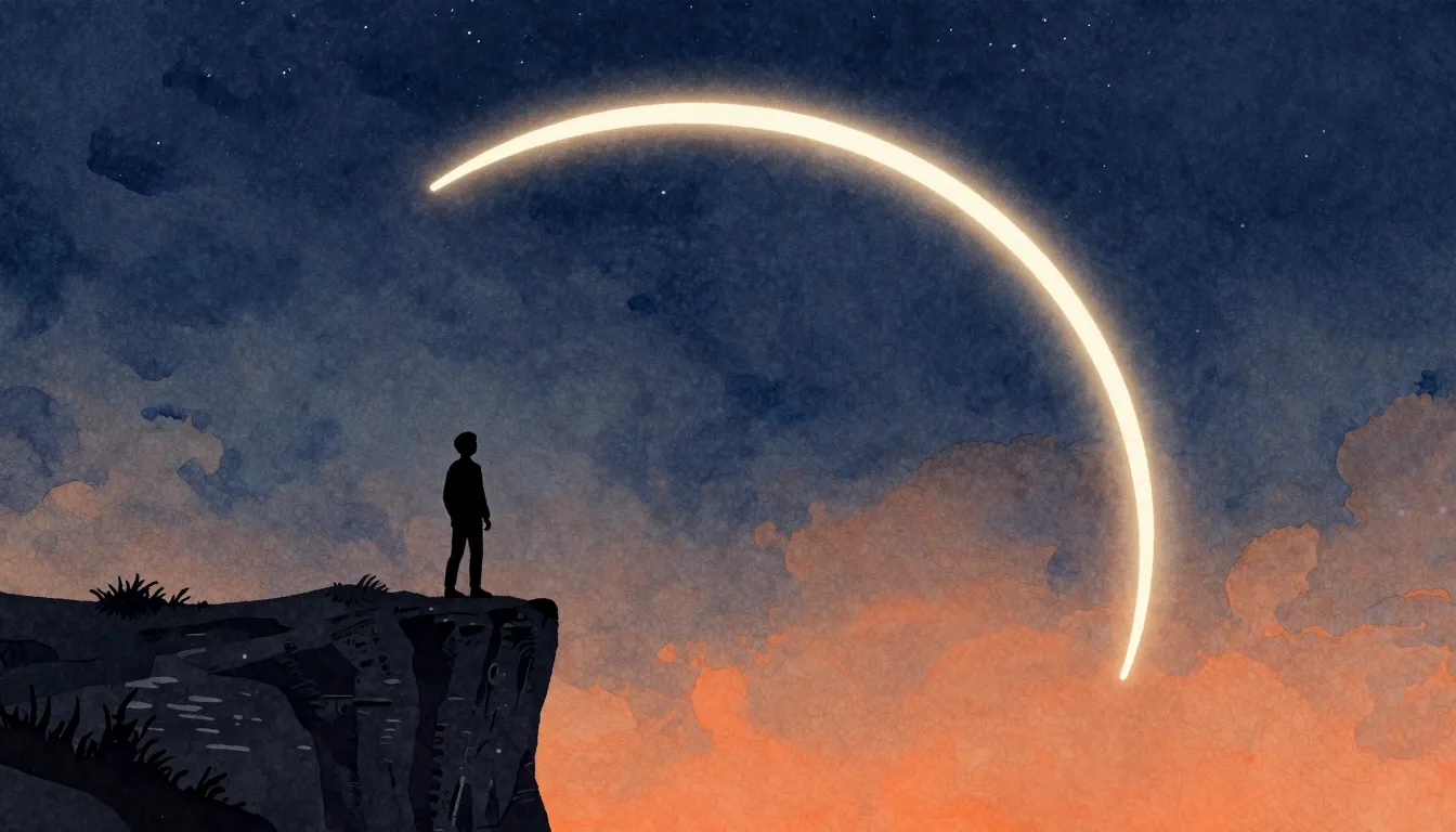 Watercolor style. A dark silhouette of a person standing on ...