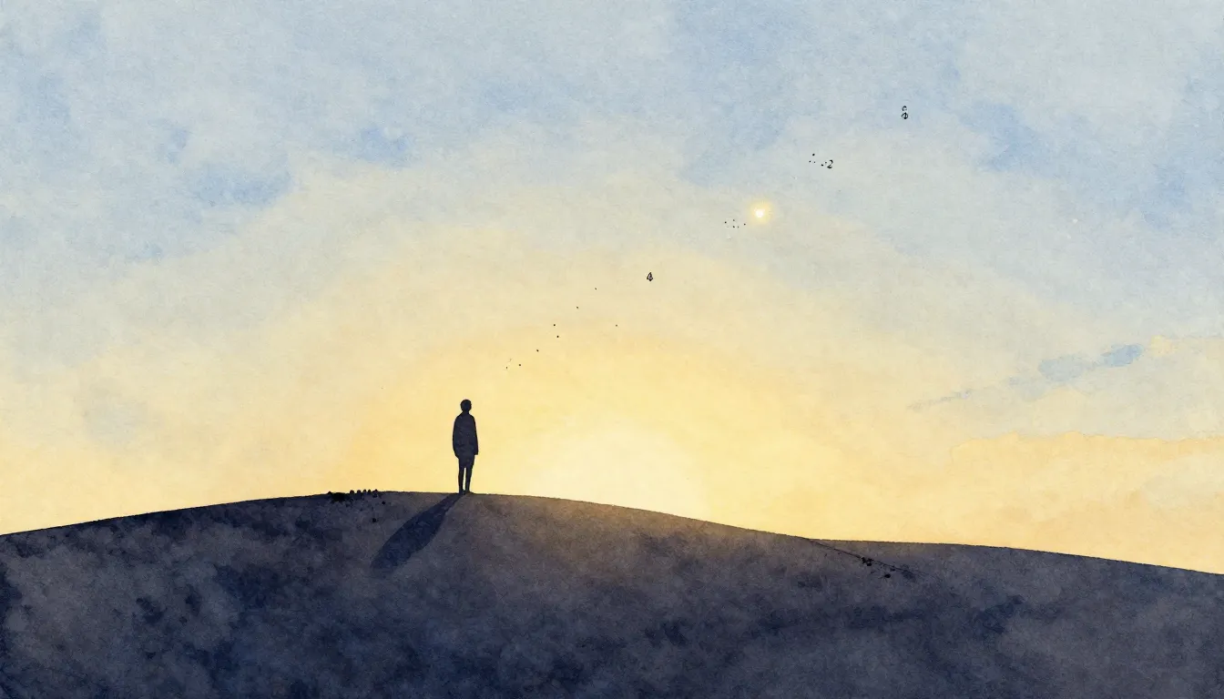 Watercolor style. A peaceful landscape with a silhouette of ...