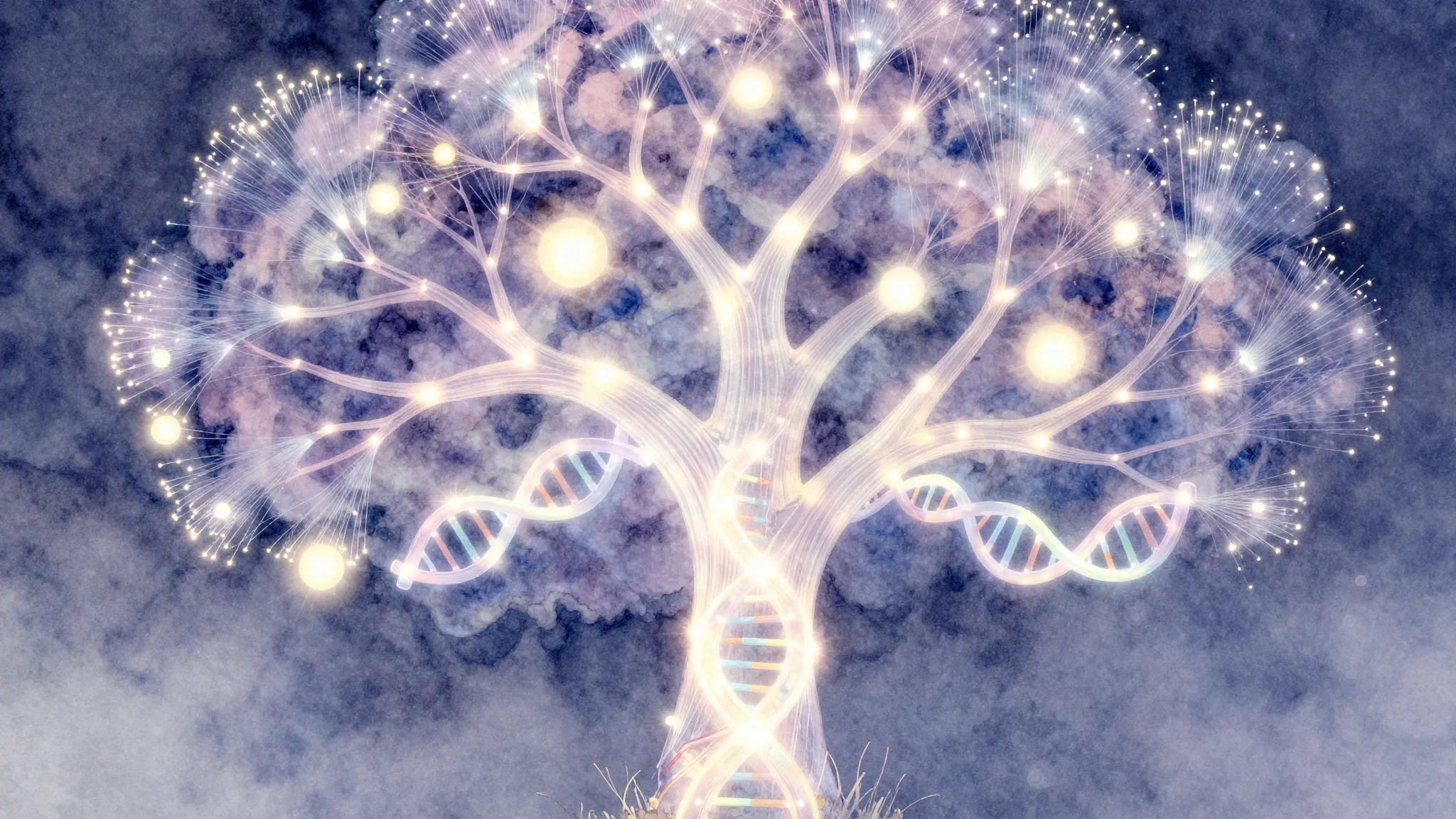 Watercolor style. Abstract digital glowing tree with branche...