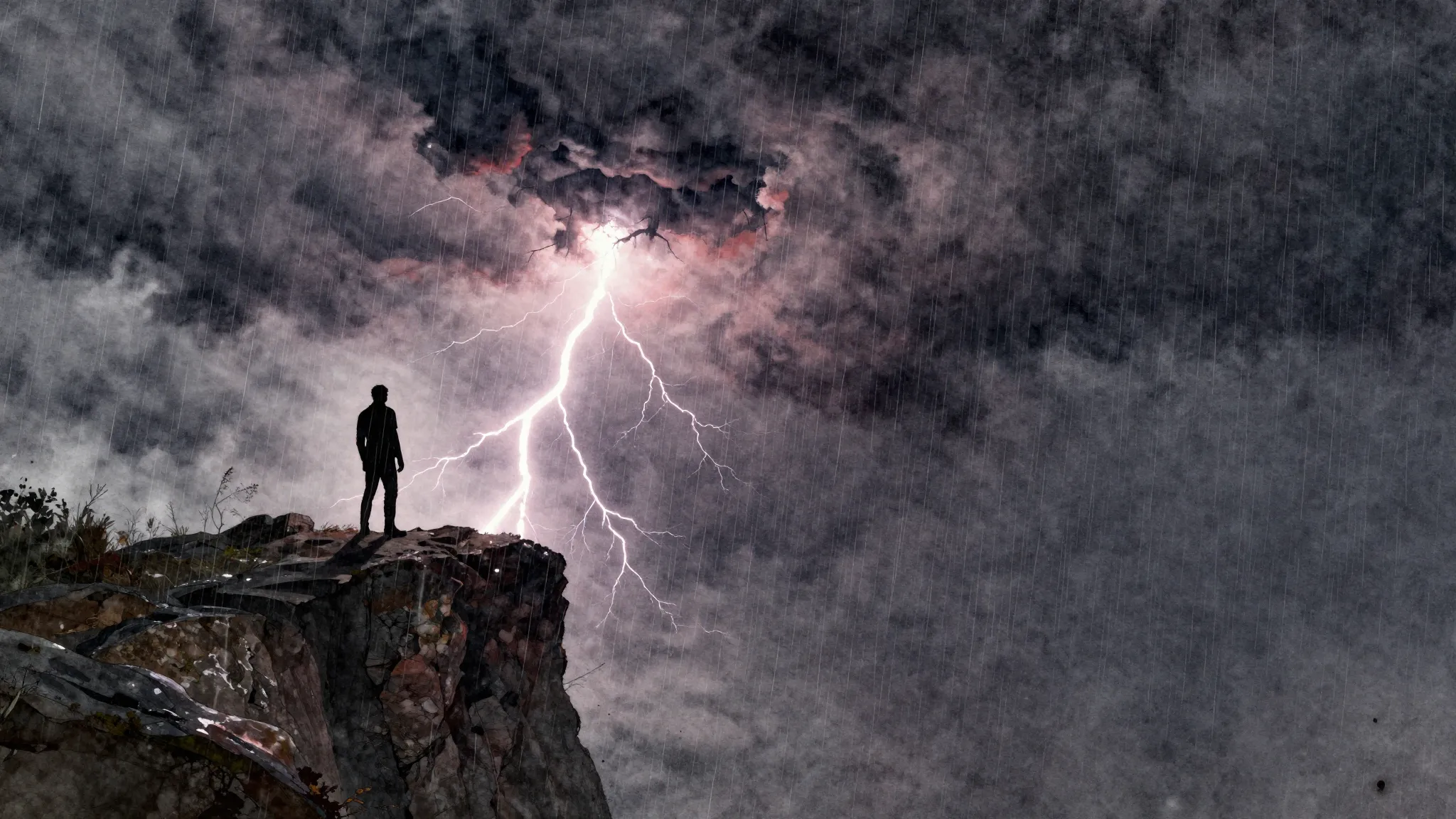 Watercolor style. Dark stormy sky with a lone silhouette sta...