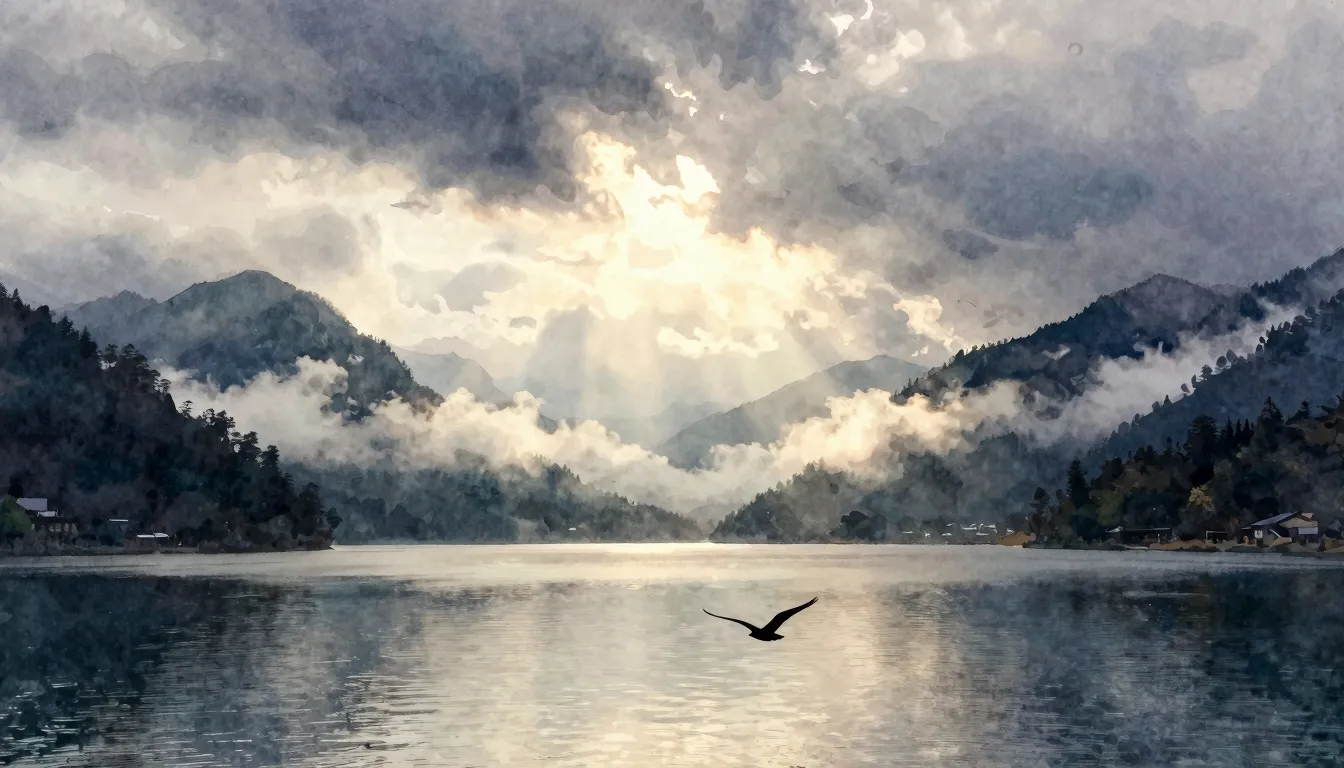 Watercolor style. A majestic lake surrounded by misty mounta...