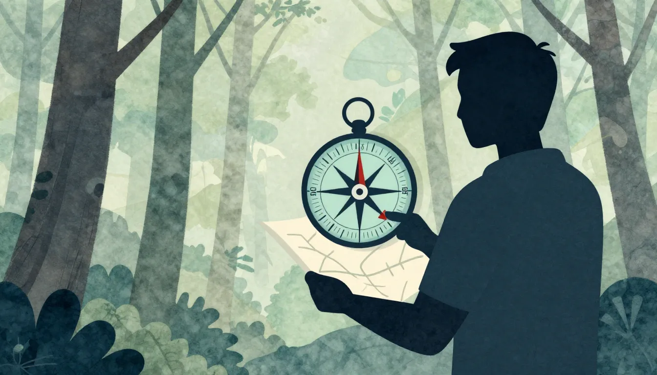 Watercolor style. A silhouette of a person holding a compass...