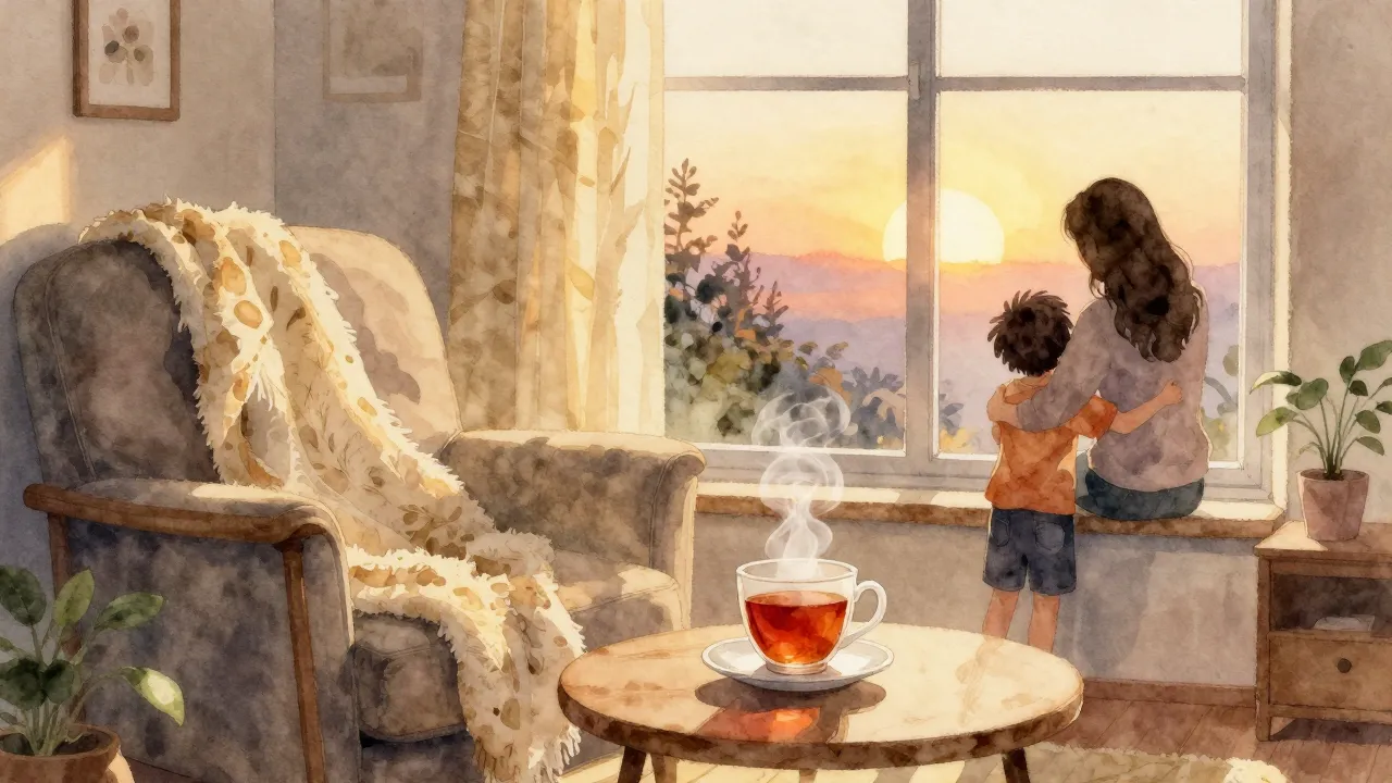 Watercolor style. A cozy living room with a warm golden ligh...
