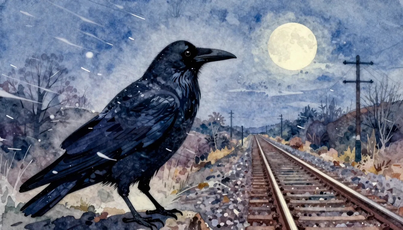 Vibrant watercolor style. Folk song cover: dark raven silhou...