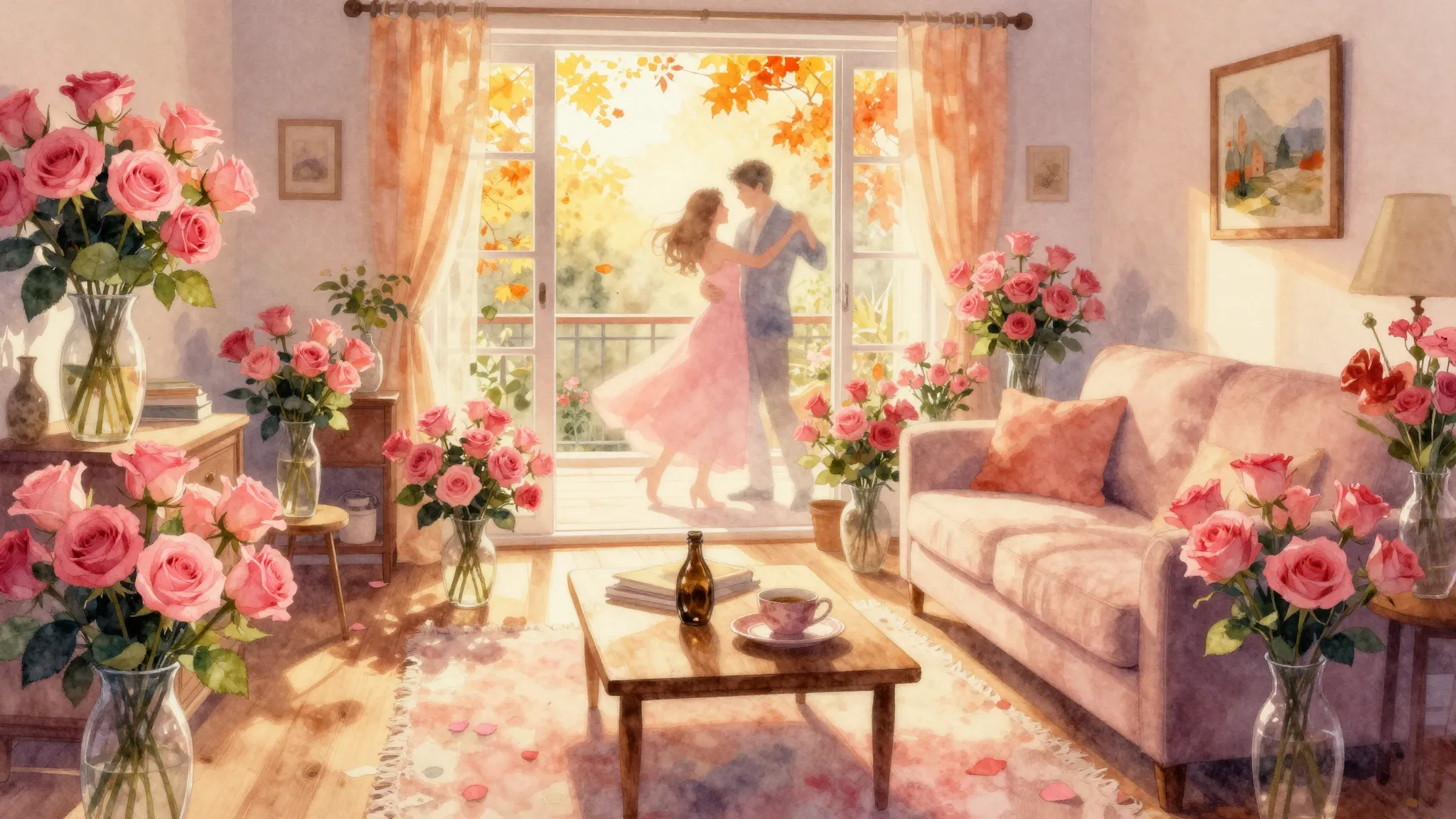 Vibrant watercolor style. A cozy, slightly cluttered living ...