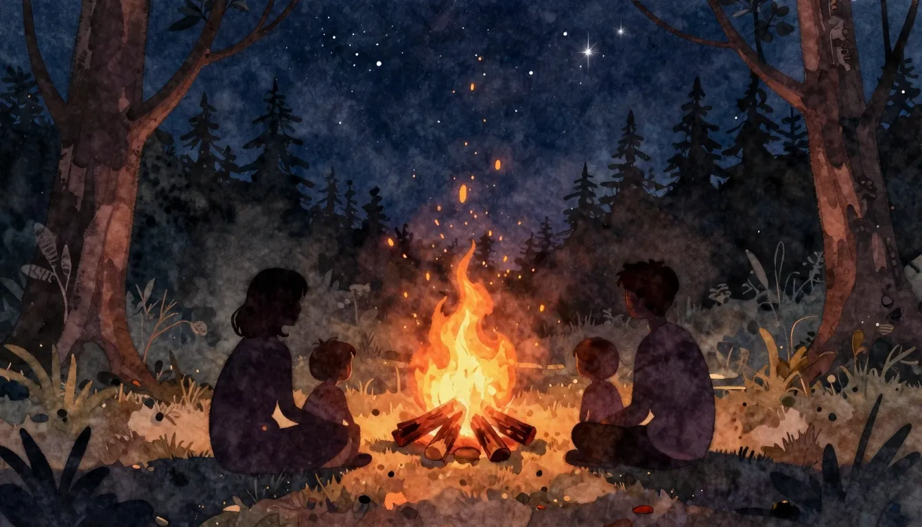Watercolor style. Silhouettes of two families sitting around...