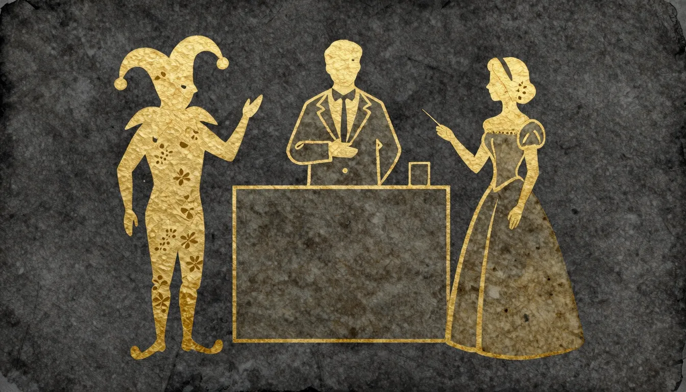 Watercolor style. Silhouettes of a jester and a lady with a ...