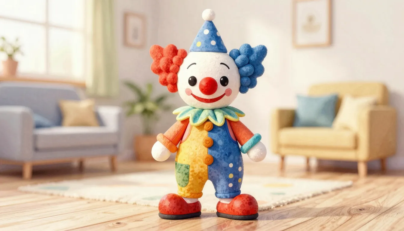 Watercolor style. A whimsical handcrafted clown toy with a b...
