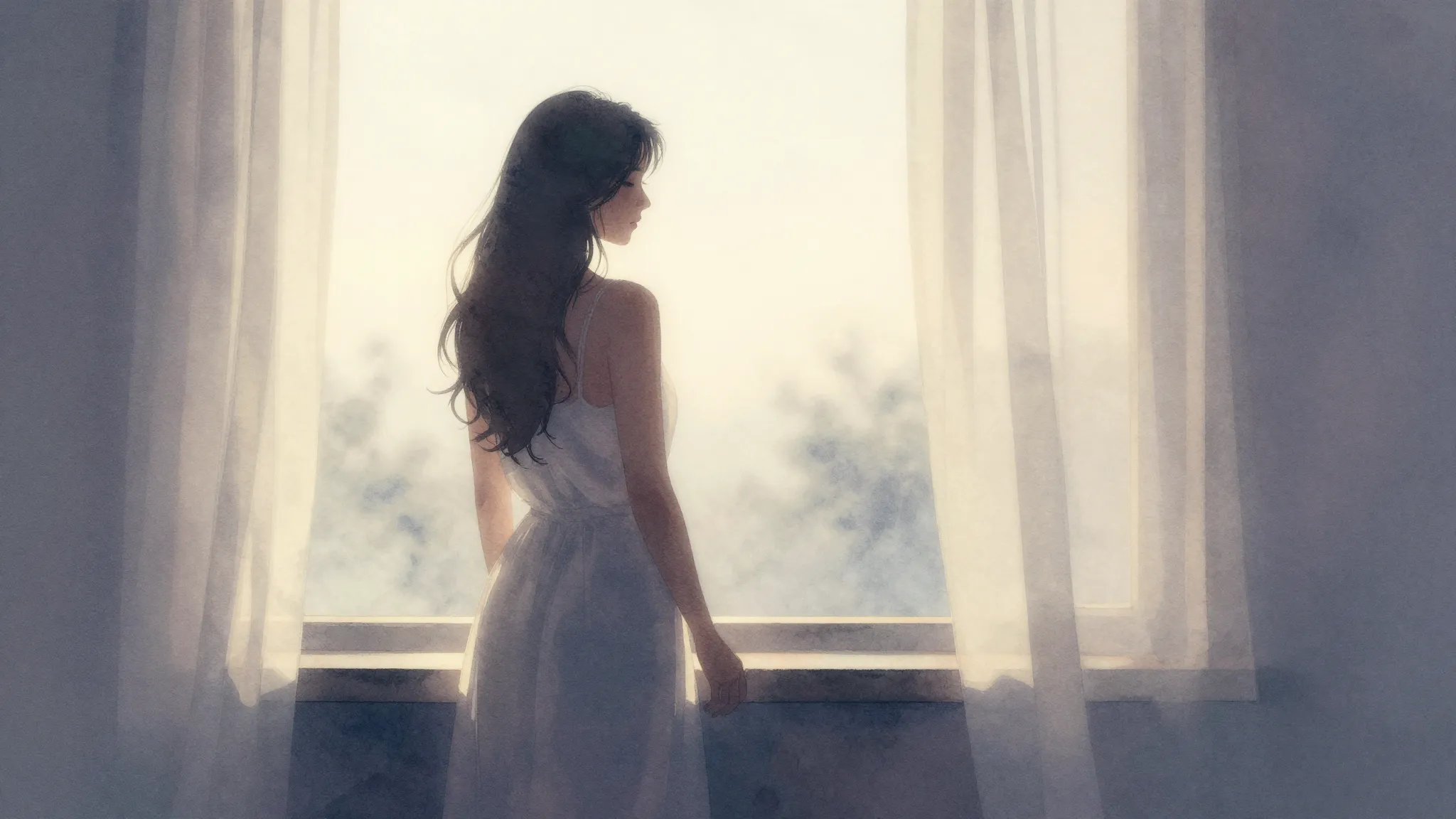 Watercolor style. A silhouette of a woman standing by a wind...