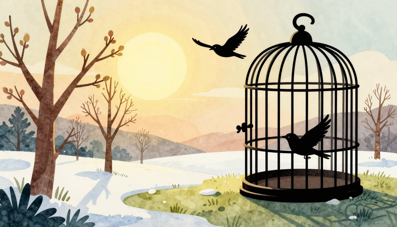 Watercolor style. Silhouette of a bird flying out of an open...