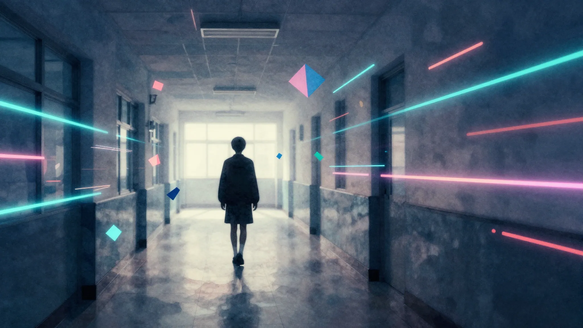 Watercolor style. Digital glitch art of a school hallway, ne...