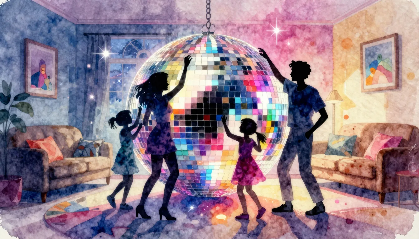 Watercolor style. A vibrant disco ball reflecting colorful l...
