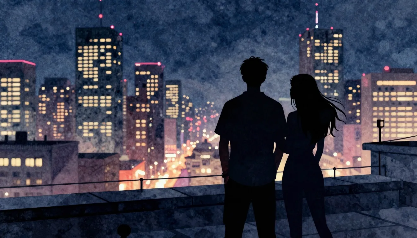 Watercolor style. A silhouette of a couple standing on a cit...