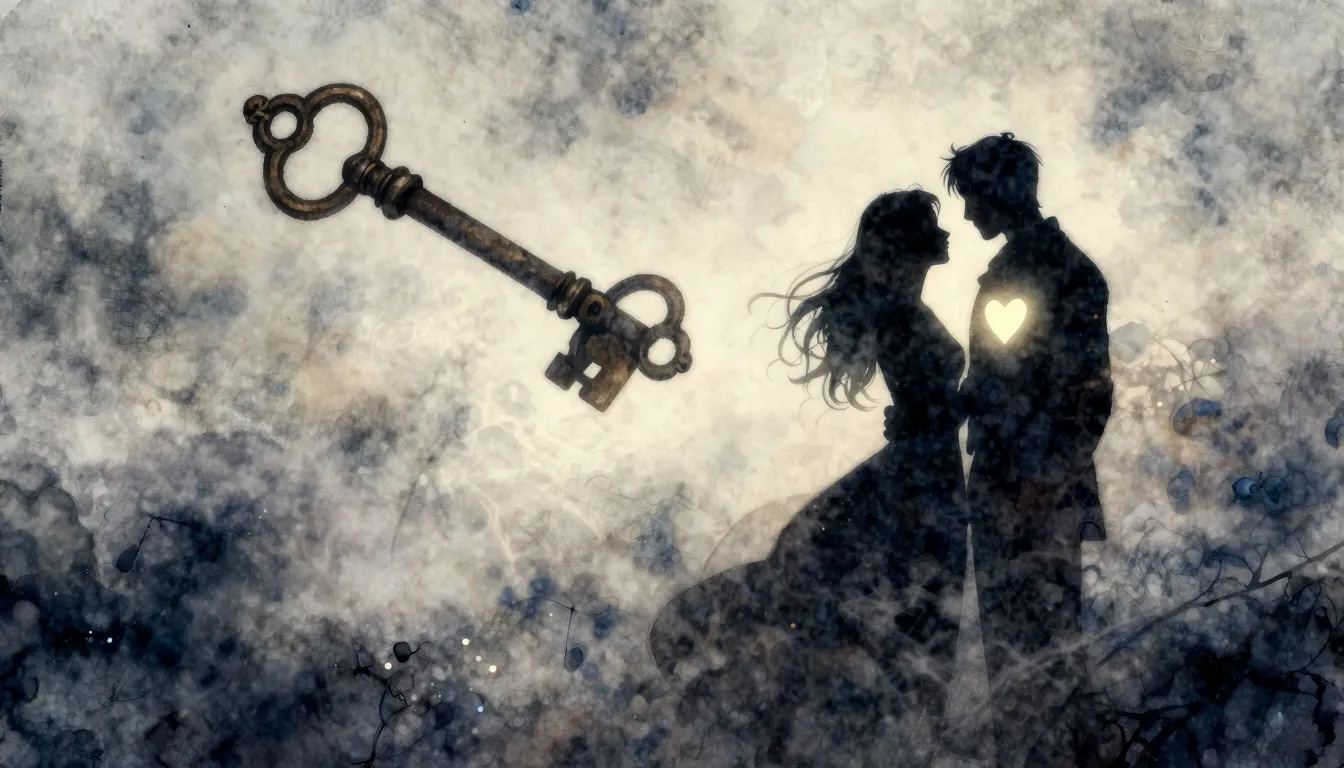 Watercolor style. A silhouette of a couple standing close, a...
