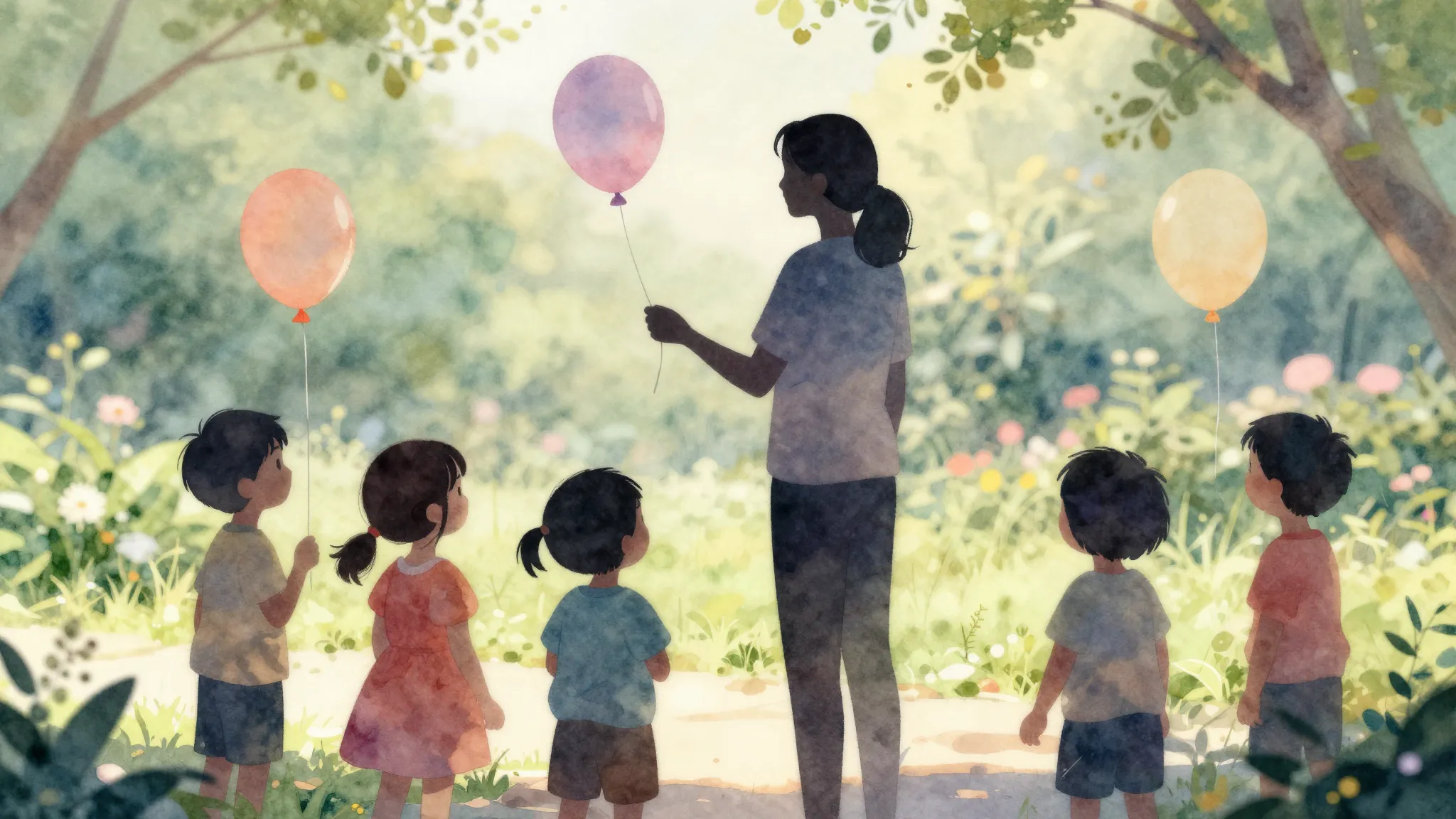 Watercolor style. Silhouette of a female teacher and small c...