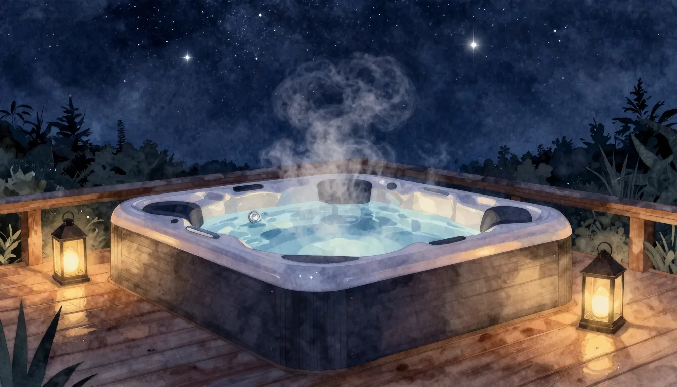 Watercolor style. A modern, sleek hot tub under a starry nig...