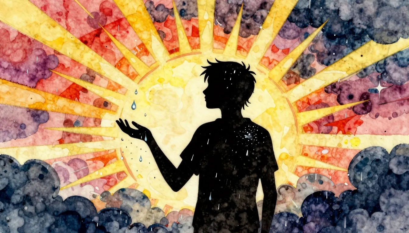 Watercolor style. A silhouette stands with an outstretched p...