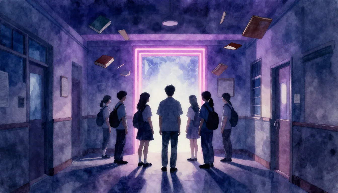 Watercolor style. A dark silhouette of a group of students s...