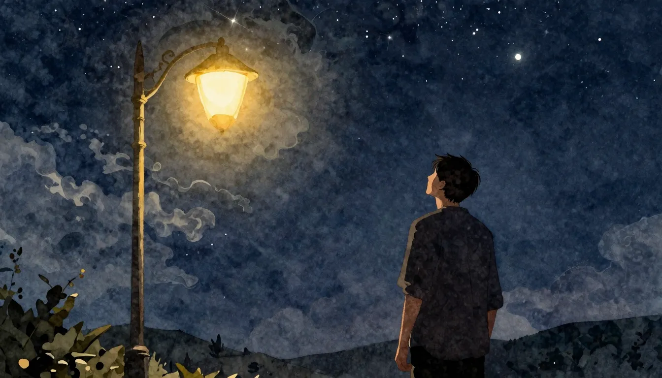 Watercolor style. A silhouette of a man standing under a sta...