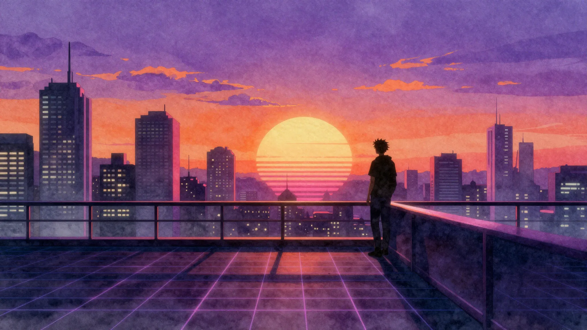 Watercolor style. Synthwave sunset over a retro city, neon p...