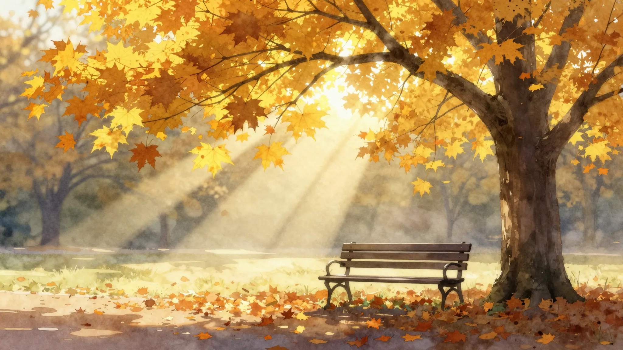 Watercolor style. Silhouette of a park bench under a large g...