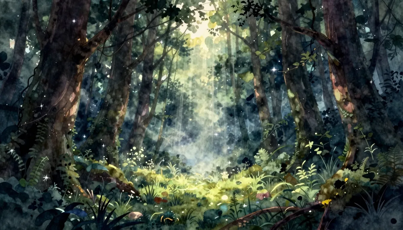 Watercolor style. Mystical dense forest with a hidden glowin...