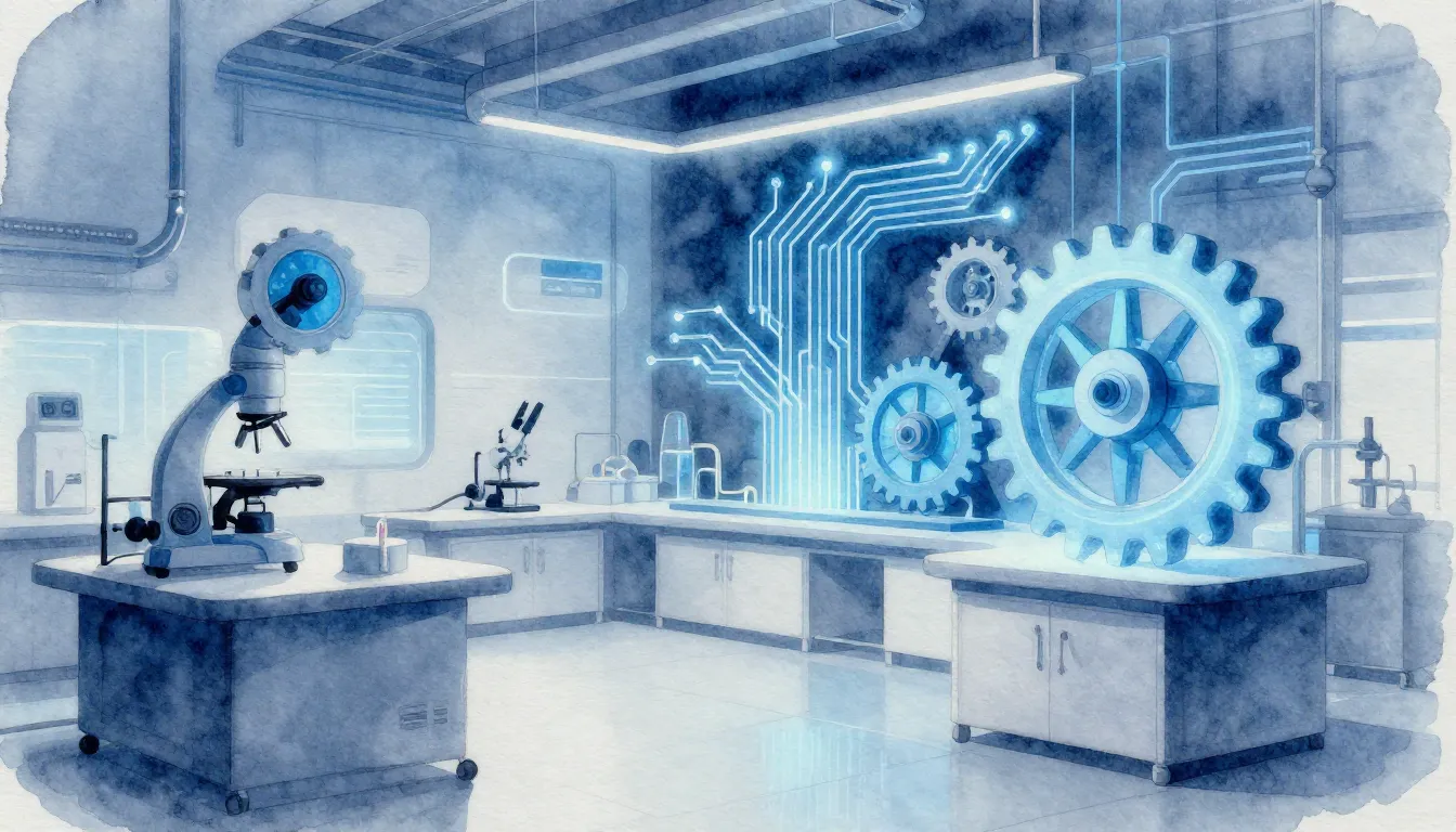 Watercolor style. Modern industrial laboratory with glowing ...