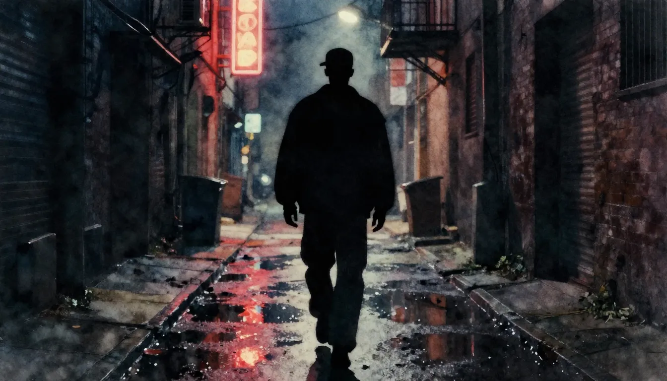 Watercolor style. Silhouette of a man walking through a grit...