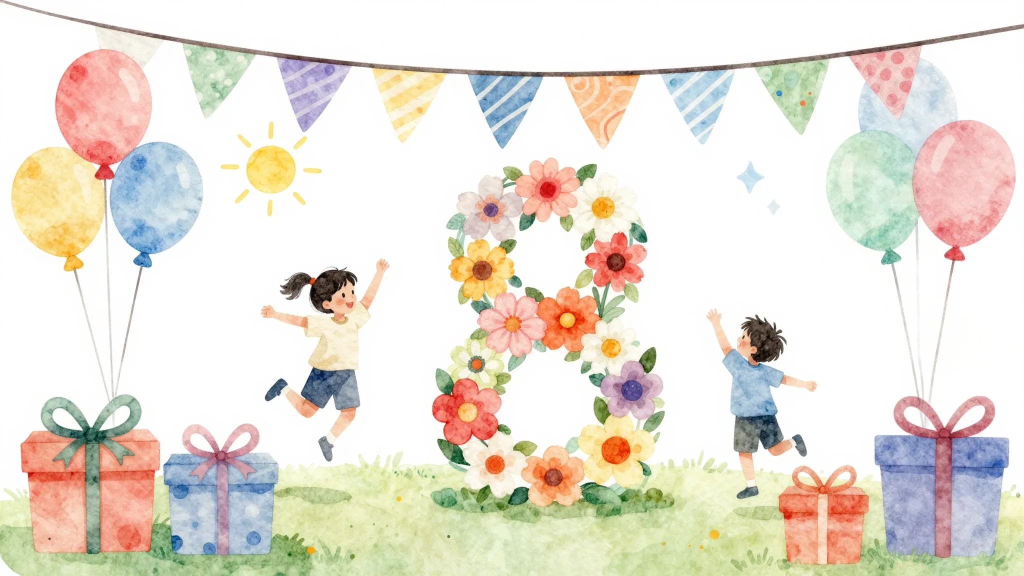 Watercolor style. A joyful birthday party background with co...