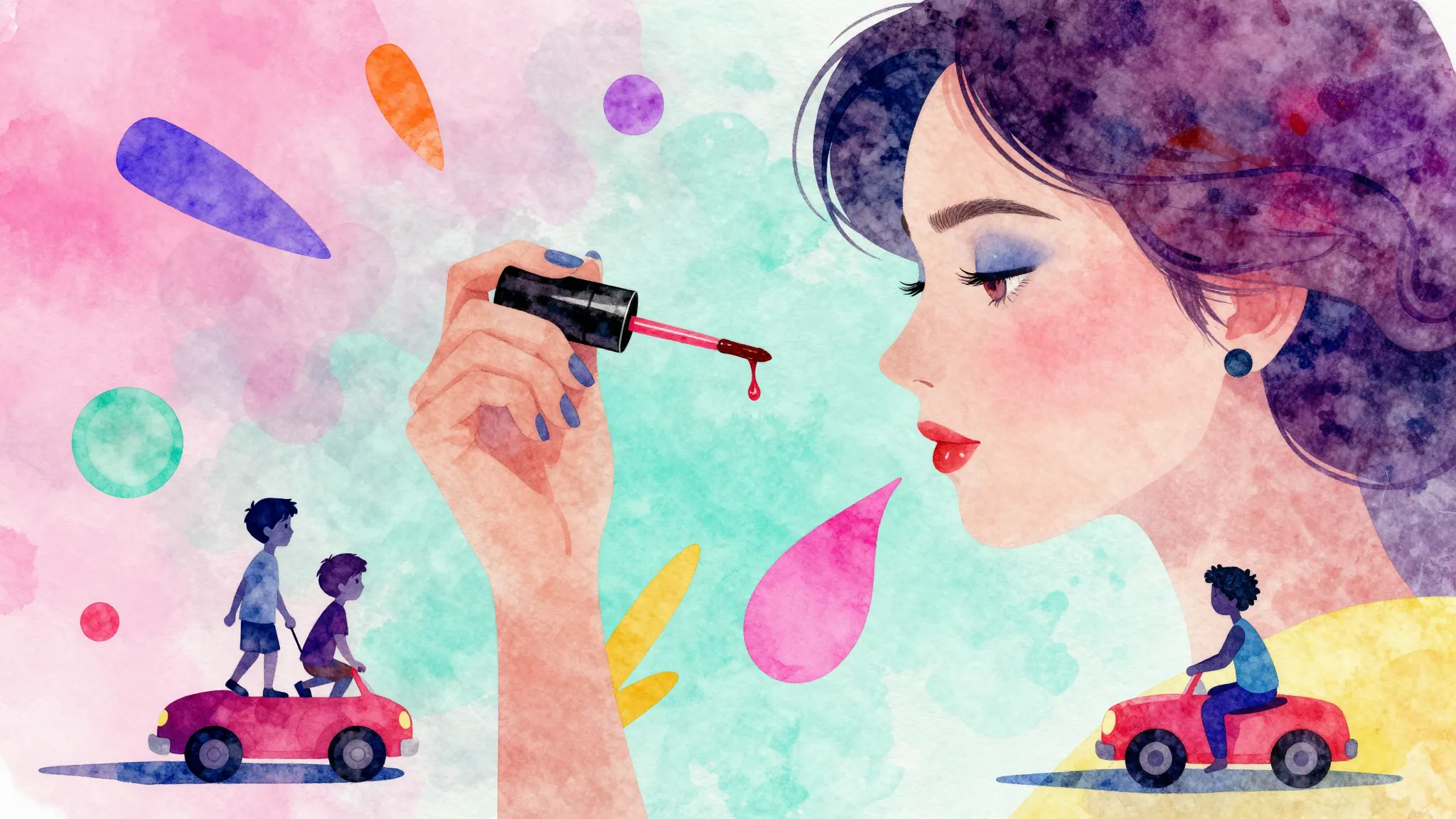 Watercolor style. A vibrant pop-art silhouette of a woman ho...