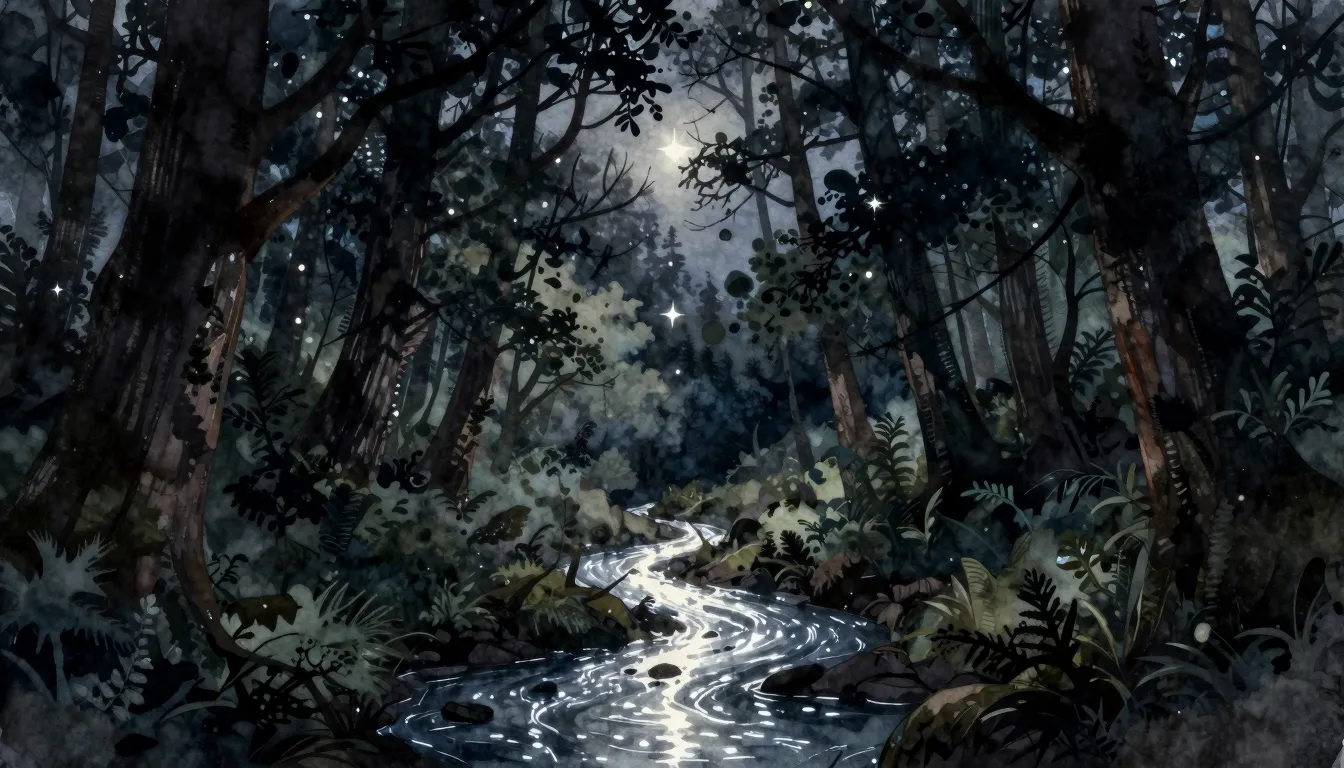 Watercolor style. Silhouette of a dense ancient forest at ni...