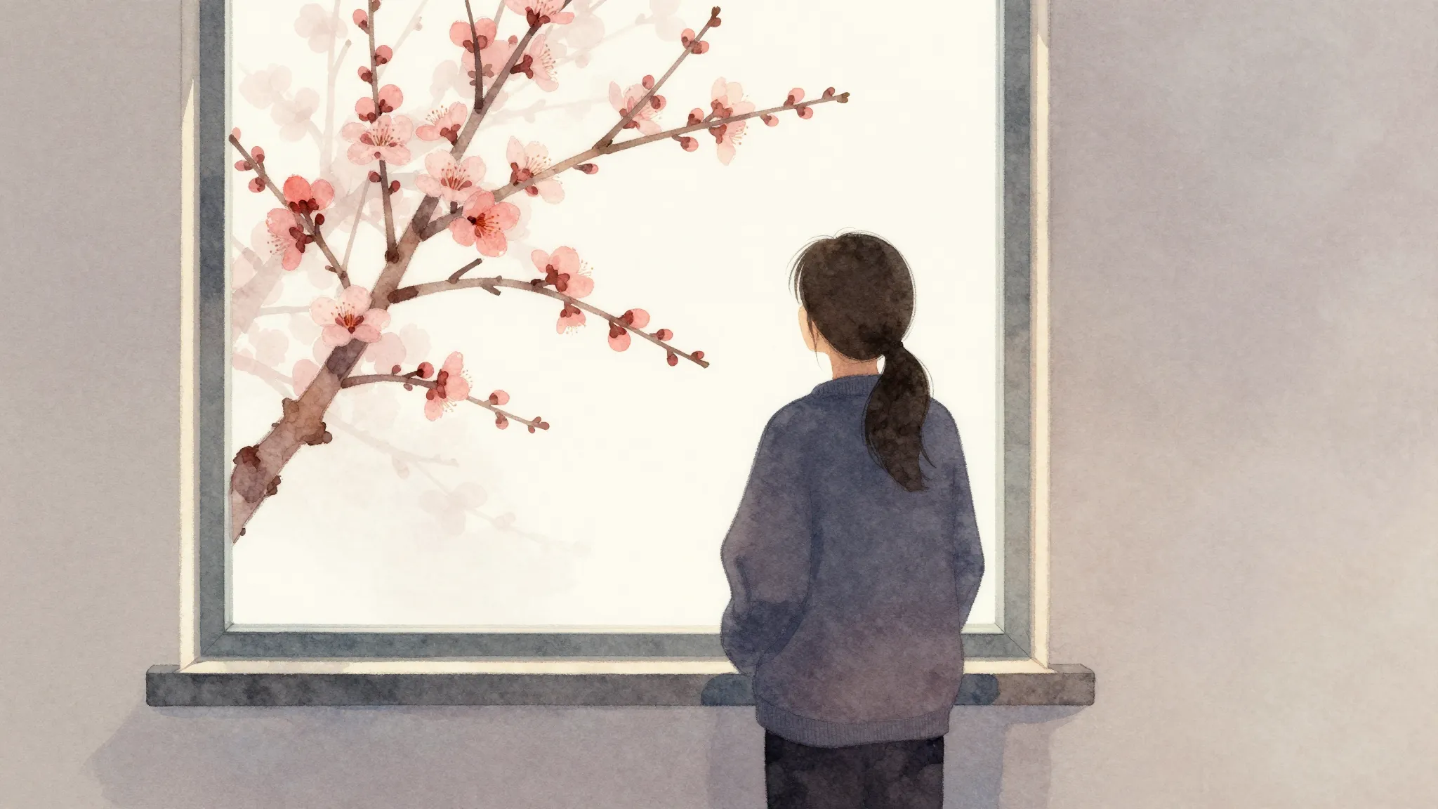 Watercolor style. A silhouette of a person standing by a win...