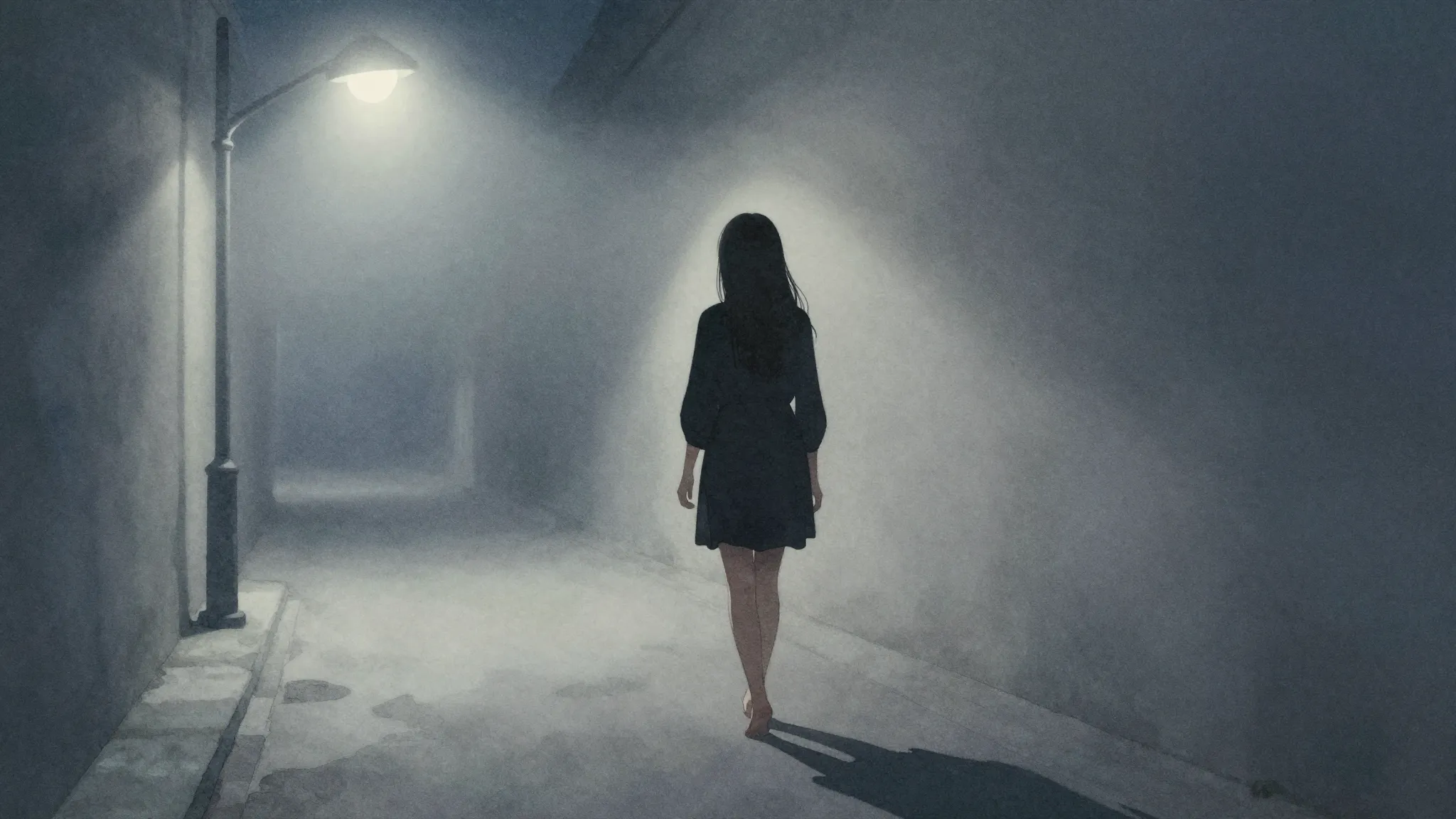 Watercolor style. A dark silhouette of a lonely girl walking...