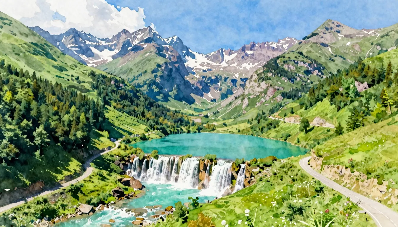 Watercolor style. A vibrant, picturesque landscape of the Ca...