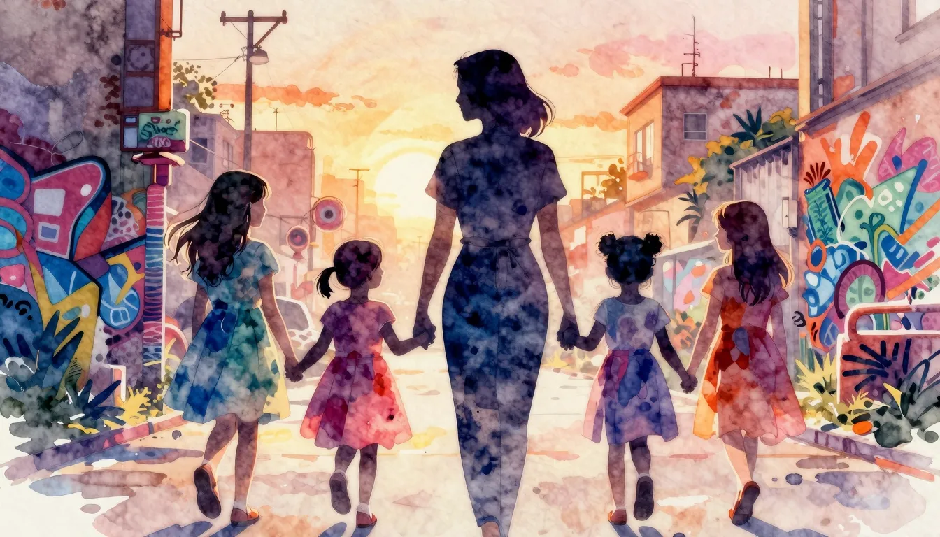Watercolor style. Silhouette of a mother surrounded by silho...