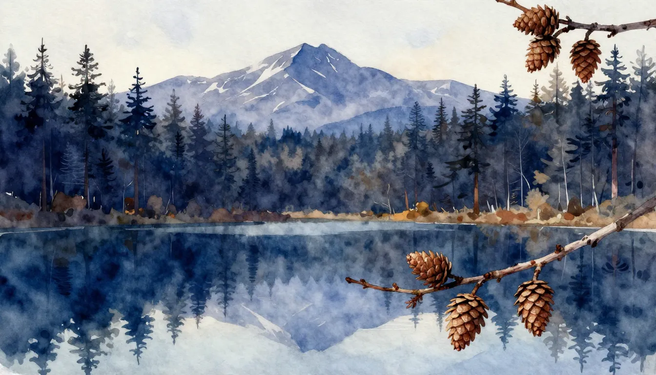 Watercolor style. Siberian landscape, endless taiga forest, ...