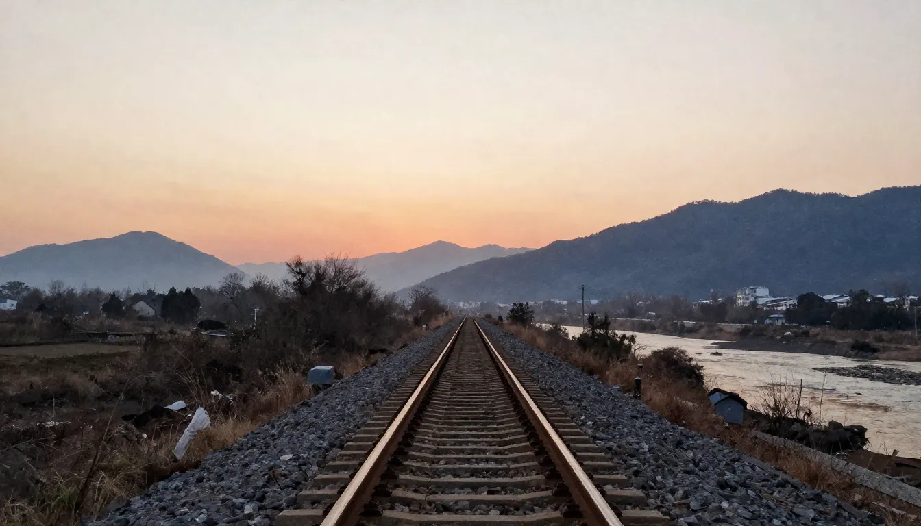 Watercolor style. A long railway track stretching towards a ...