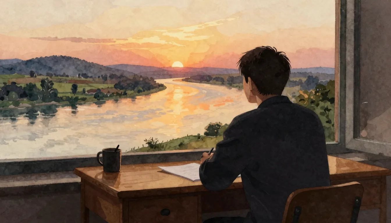 Watercolor style. A silhouette of a writer sitting at a wood...