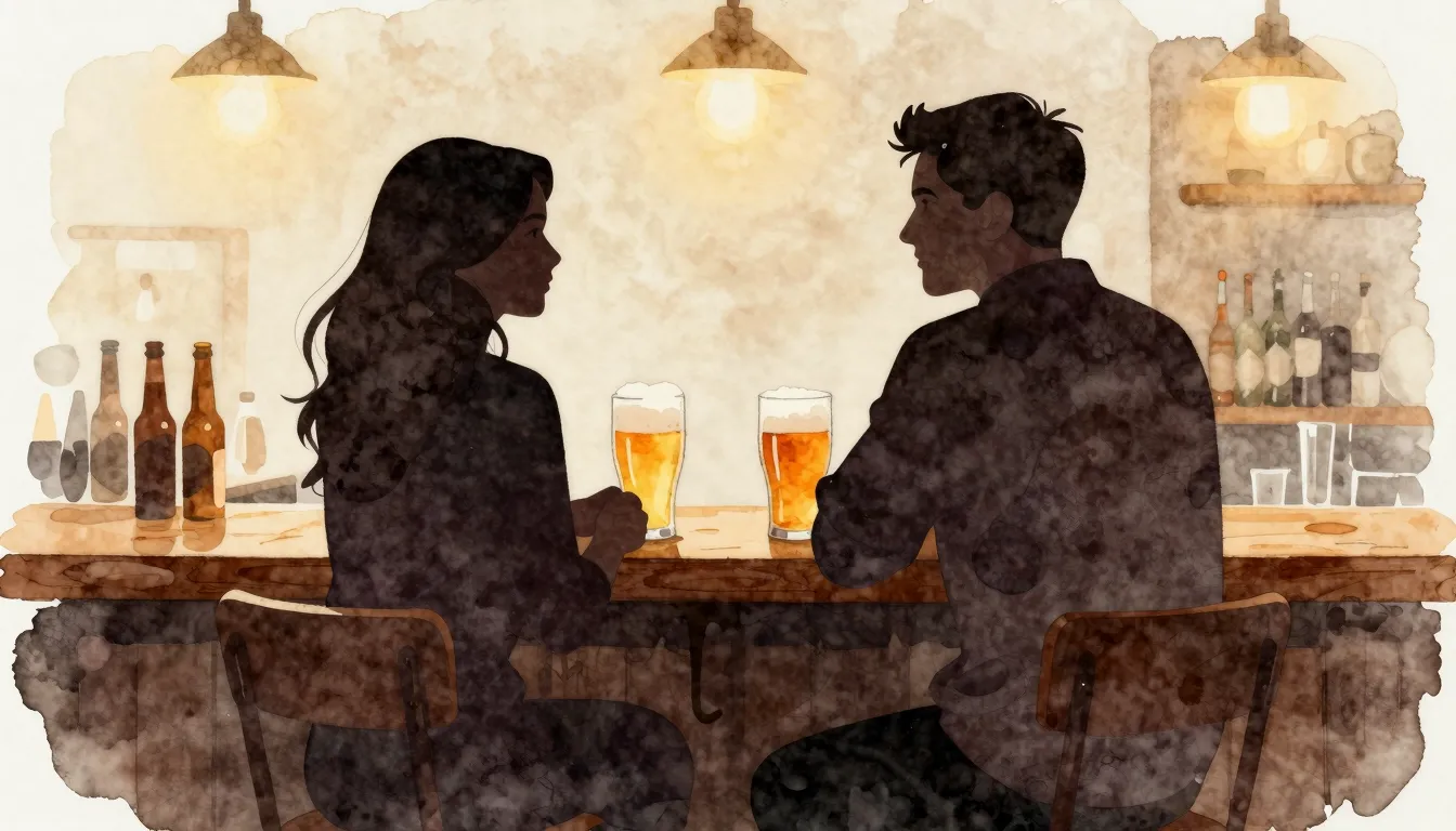 Watercolor style. Two dark silhouettes sitting at a wooden b...