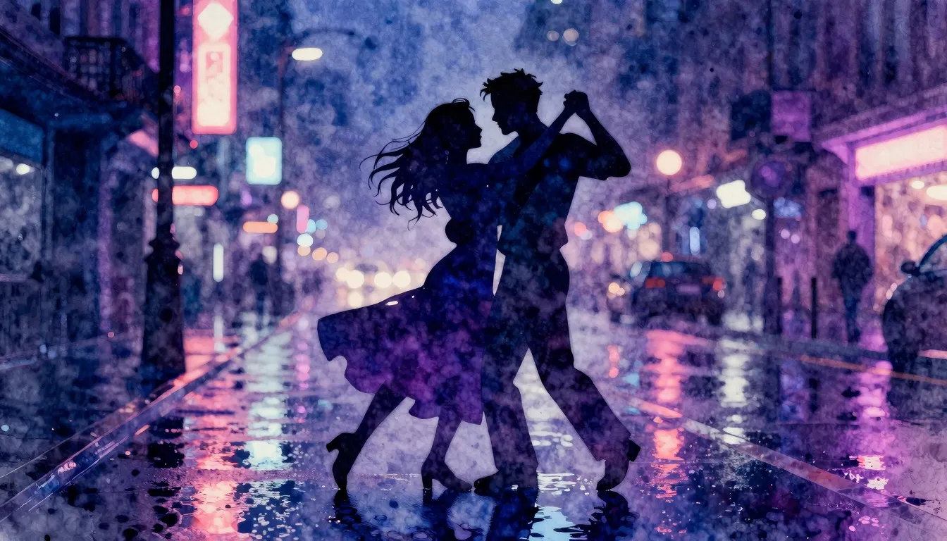 Watercolor style. A silhouette of a couple dancing on a wet ...